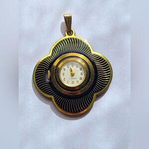 Vintage CARAVELLE Black & Gold Flower Style Necklace Watch